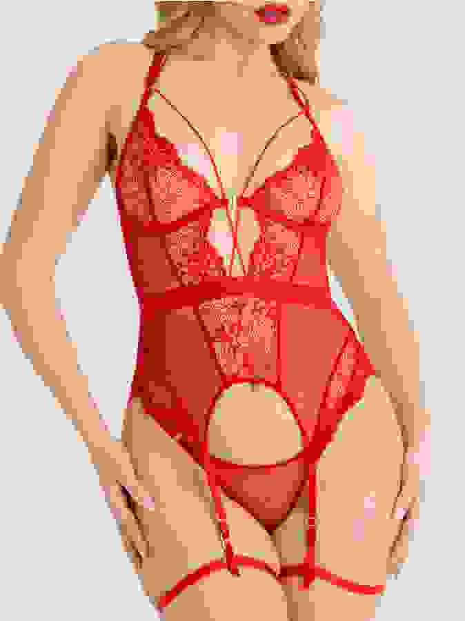 Lovehoney Midnight Dream Red Bustier Set, Red, hi-res